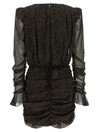 Rotate Leopard-Print Ruched Dress - Black