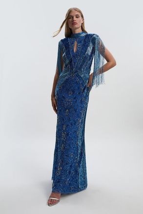 Karen Millen Petite Beaded Cap Sleeve Maxi Dress in Blue at Nordstrom, Size 10P