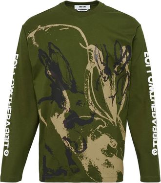 Msgm graphic-print long-sleeve cotton T-shirt - Green