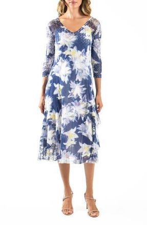 Komarov Floral Charmeuse & Chiffon Cocktail Dress in Indigo Rain at Nordstrom Rack, Size Large