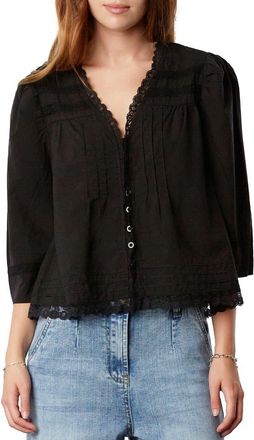 BILLY T Fable Floral Lace Trim Cotton Blend Button-Up Shirt in Black Beauty at Nordstrom, Size X-Small