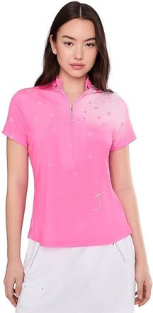 Jamie Sadock Happy Heart Top Short Sleeve Zip Neck Womens Clothing Pink : SM, Polyester/Spandex