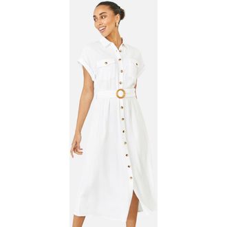 Yumi Viscose Linen Look Midi Shirt Dress in White at Nordstrom, Size 12