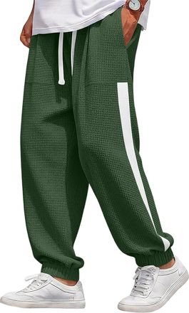 Generic Mens Sweatpants Waffle Knit Pants Drawstring Elastic Waist Jogging Bottoms Color Block Textured Hiking Trousers with Pockets Blackish Green