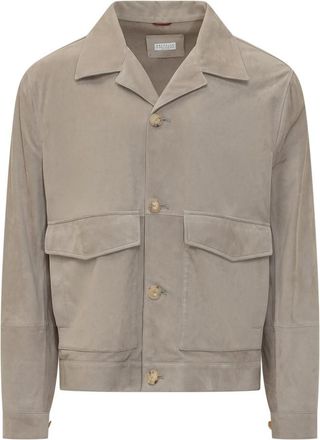 Brunello Cucinelli Beige Solid Shirt Collar Jacket