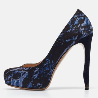Nicholas Kirkwood Navy Blue Print Satin Platform Pumps