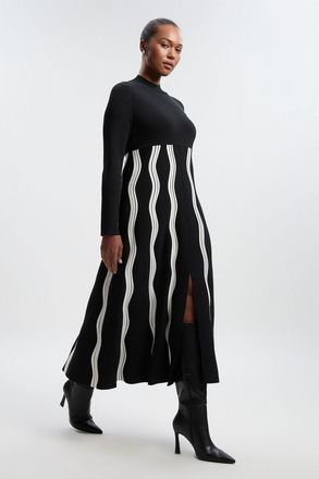 Karen Millen Womens Contrast Wave Knit A-Line Knitted Long Sleeve Dress - Monochrome Multi Polyamide - Size X-Small