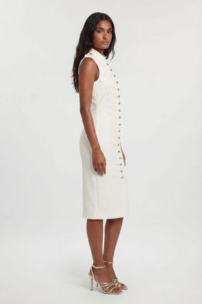 Karen Millen Womens Compact Stretch Button Detail Straight Pencil Dress - White - Size 16 UK