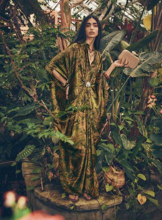 Icone Womens Crystal-pin luxurious satin shirt-style maxi tunic