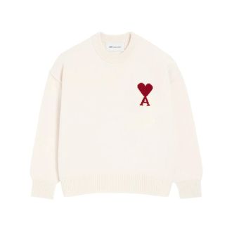 Ami Round-neck Knitwear, female, White, Size: 2XL Crew Neck Intarsia Heart Sweater