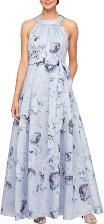 Alex Evenings Shimmer Tie Belt Organza Gown in Purple Multi at Nordstrom, Size 8P