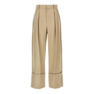 Victoria Beckham Wijde Pijpen Turn-Up Broek - Dames - Wijde Broeken - Beige - 2XS - Katoen - Broeken