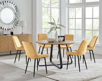Furniturebox Santorini Brown Round Dining Table & 6 Pesaro Black Leg Chairs in Mustard
