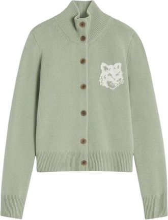 Maison Kitsun&eacute; Hoge Hals Merinowol Vest met Vos Intarsia - Dames - Vesten - Groen - M - Wol - Truien & Vesten