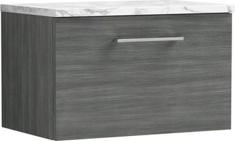 Nuie Arno Wall Hung 1-Drawer Vanity Unit with Carrera Marble Worktop 600mm Wide - Anthracite Woodgrain - Nuie