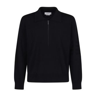 Thom Browne Round-neck Knitwear, male, Blue, Size: S Merino Wool Double Face 4-Bar Half Zip Pullover