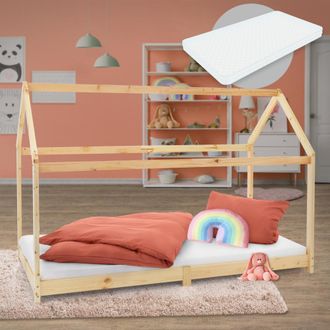 ML Design Ml-design - Cama Infantil Montessori Con Forma De Casa De Madera De Pino Color Natural Con Colch&oacute;n 90 X 200 X 16 Cm De Espuma Fr&iacute;a Hipoalerg&eacute;nico Estr