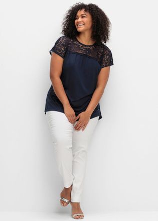 Sheego Spitzenshirt SHEEGO Spitzenshirt, Damen, Gr. 40/42, blau (tiefblau), 100% Viskose, unifarben, Rundhals, Shirts Spitzenshirt