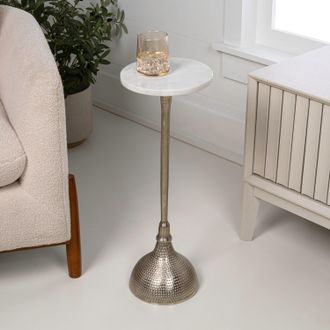 Jonathan Y Designs Ava 23.75 Art Deco Contemporary Metal Pedestal Drink Table and Decorative End Table with White Marble Round Top and Hammered Base, Nickel