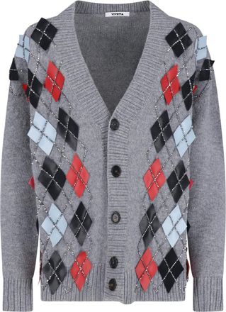 Vivetta Grey Wool V-Neck Rhinestone Cardigan