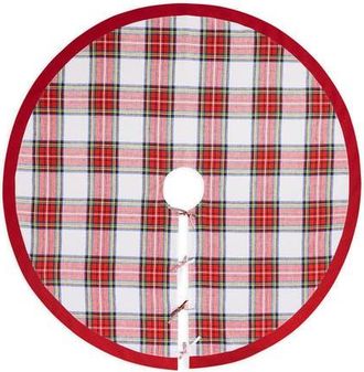 Solino Home Linen Tree Skirt, 58 Inch Diameter for Dining Table, Holiday and Everyday Table Decor - Plaid Linen Christmas Tree Skirt in White Stewart