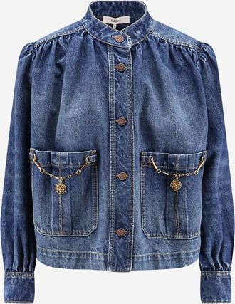Chlo&eacute; denim jack met ruches kraag en hoge hals