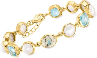 Ross-Simons 7.5-8mm Cultured Pearl, Gray Jasper and Sky Blue Topaz Bracelet in 18kt Gold Over Sterling