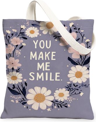 Generic Floral Canvas Tote Bags, Vintage Flower Design Reusable Grocery Bags, Lightweight Washable Shoulder Strap Canvas for Travel, Violet, 13x15 Inch