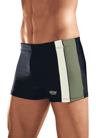 H.I.S Boxer-Badehose H.I.S, Herren, Gr. 4, N-Gr, schwarz (schwarz, oliv), Polyamid, Badehosen Boxer-Badehose, mit Kontrasteins&auml;tzen
