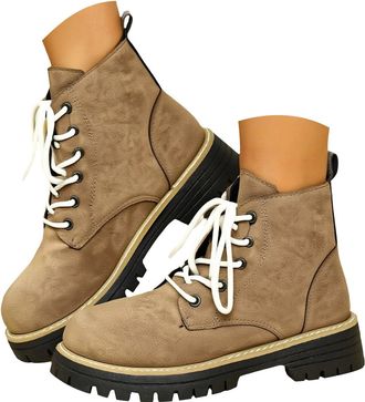 Generic Womens Suede Combat Boots, Lace-Up Platform Ankle Boots, Grey with Gold Trim, 4cm Heel, Outdoor Fashion Casual Wear