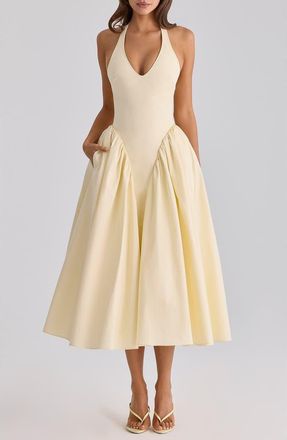 House of CB Marilyn Halter Cotton Blend Midi Sundress in Lemon at Nordstrom, Size X-Small