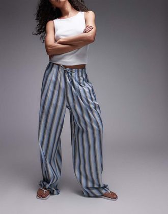 Topshop Pantaloni dritti in popeline blu a righe allacciati in vita-Multicolore