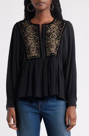 Treasure & Bond Metallic Embroidered Split Neck Top in Black at Nordstrom Rack, Size X-Small