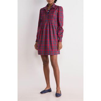 Vineyard Vines Plaid Long Sleeve Stretch Cotton Popover Dress in Yuletide Tartan Medium Red at Nordstrom, Size X-Large