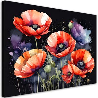Feeby Cuadro Sobre Lienzo Amapolas Rojas Sobre Fondo Negro 100x70