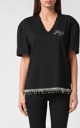 Philipp Plein T-shirt in cotone con scollo a V, logo in strass e orlo sfrangiato