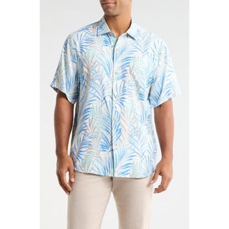 Tommy Bahama Palm Dancer Print Silk Button-Up Shirt in Banff Blue at Nordstrom, Size Xxx-Large