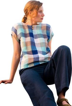 Celtic & Co. Button Detail Short Sleeve Linen Blouse in Sea Glass Check at Nordstrom, Size 14