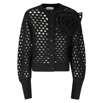 Blumarine Cardigan in Lana lavorata a maglia con Rosa 3D - - Knitwear - Donna - Nero - S