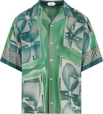 Versace Short-Sleeve Green Silk Shirt With Geometric Print