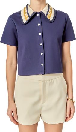 English Factory Crochet Collar Button-Up Top in Navy at Nordstrom, Size Medium
