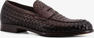 Doucal's Mens Leather Loafers With Woven Pattern Brown
