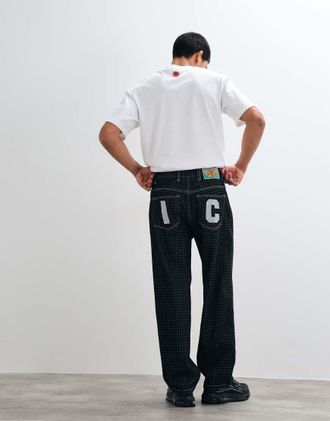 Icecream Jeans dritti neri con dettaglio in tessuto ripstop e scollo doppio-Nero