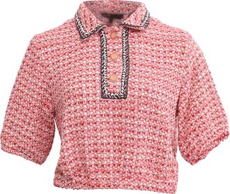 Maje Tweed Polo Cropped Top in Red Cotton