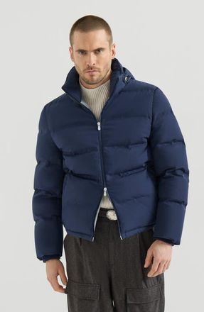 Brunello Cucinelli Stretch bonded nylon down jacket with heat-bonded seams and detachable hood in Blue at Nordstrom, Size 4X-Large