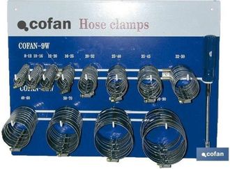cofan Panel Con Abrazaderas, Expositor Para 120 Abrazaderas + Destornillador Flexible. Fleje 9 Mm Y 12 Mm. Medidas De 8-12 Hasta 70-90. Tambi&eacute;n Tiene La Pos