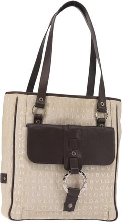 Bulgari B.Zero1 Bucket Leather Beige Canvas Handbag (Pre-Owned)