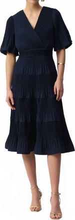 Joseph Ribkoff V-Neck Pleated Faux Wrap Midi Dress In Midnight Blue