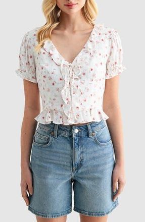 Lush Ruffle Trim Tie Front Top in Cream Red Ditsy at Nordstrom Rack, Size X-Small