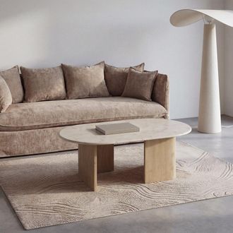 Maisons du monde Mesa de centro de m&aacute;rmol blanco con efecto travertino y madera de mango maciza L.120 cm